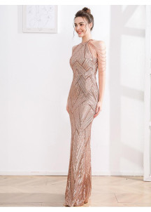 Champagne Sequined Evening Gown with Geometric Pattern