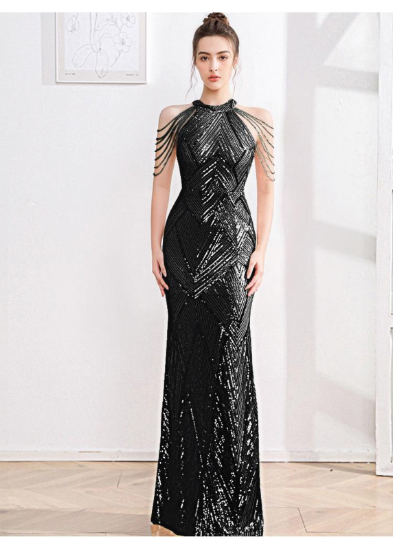 Champagne Sequined Evening Gown with Geometric Pattern