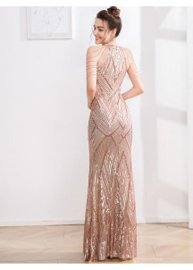 Champagne Sequined Evening Gown with Geometric Pattern