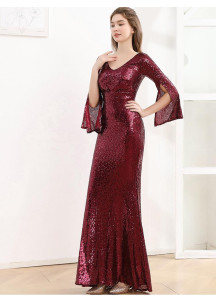 Burgundy Evening Gown with V-Neckline and Long Slit Sleeves