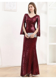 Burgundy Evening Gown with V-Neckline and Long Slit Sleeves