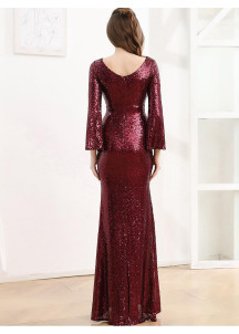 Burgundy Evening Gown with V-Neckline and Long Slit Sleeves