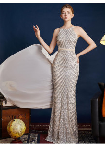 Silver Evening Gown with Chevron Pattern Halter Neck and Detachable Train