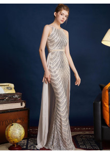 Silver Evening Gown with Chevron Pattern Halter Neck and Detachable Train