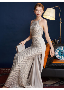 Silver Evening Gown with Chevron Pattern Halter Neck and Detachable Train