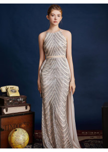 Silver Evening Gown with Chevron Pattern Halter Neck and Detachable Train