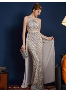 Silver Evening Gown with Chevron Pattern Halter Neck and Detachable Train