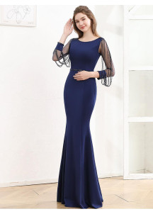 Navy Blue Evening Gown with Long Tulle Sleeves and Fringe Details