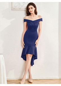 Navy Blue Cocktail Dress with Off-the-Shoulder Neckline and Asymmetrical Skirt