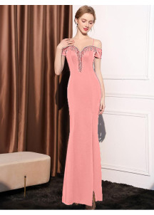 Pink Evening Gown with a Beaded, Fringed Heart-Shaped Neckline