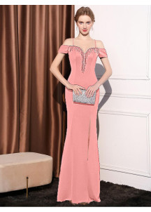 Pink Evening Gown with a Beaded, Fringed Heart-Shaped Neckline