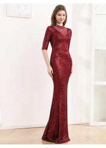 Burgundy Mermaid Evening Gown with High Neckline and Three-Quarter Sleeves