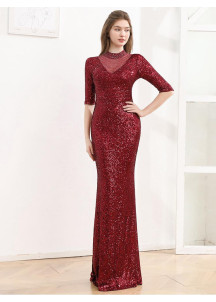 Burgundy Mermaid Evening Gown with High Neckline and Three-Quarter Sleeves