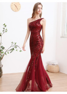 Burgundy Red Mermaid Evening Gown with Asymmetrical Neckline and Tulle Skirt