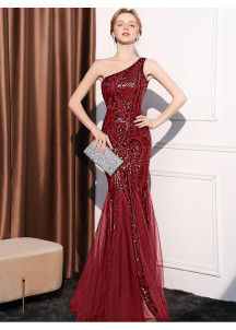 Burgundy Red Mermaid Evening Gown with Asymmetrical Neckline and Tulle Skirt