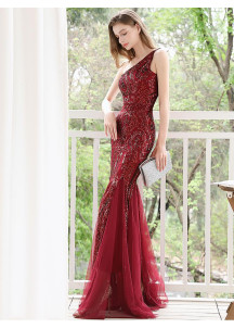 Burgundy Red Mermaid Evening Gown with Asymmetrical Neckline and Tulle Skirt