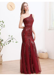 Burgundy Red Mermaid Evening Gown with Asymmetrical Neckline and Tulle Skirt