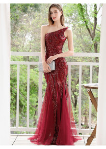 Burgundy Red Mermaid Evening Gown with Asymmetrical Neckline and Tulle Skirt