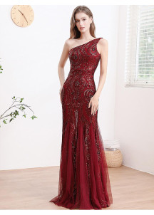 Burgundy Red Mermaid Evening Gown with Asymmetrical Neckline and Tulle Skirt