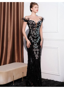 Black Mermaid Evening Gown with Silver Motifs and Feather-Trimmed Heart-Shaped Neckline