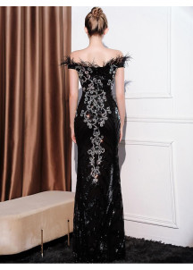 Black Mermaid Evening Gown with Silver Motifs and Feather-Trimmed Heart-Shaped Neckline