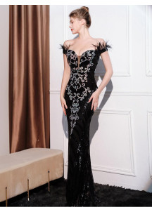 Black Mermaid Evening Gown with Silver Motifs and Feather-Trimmed Heart-Shaped Neckline