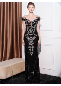 Black Mermaid Evening Gown with Silver Motifs and Feather-Trimmed Heart-Shaped Neckline