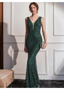 robe de soirée vert émeraude sirène avec décolleté en V plongeant