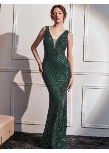 robe de soirée vert émeraude sirène avec décolleté en V plongeant