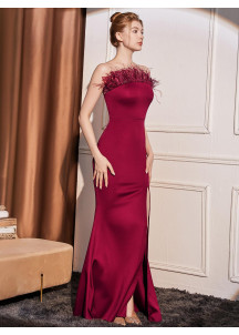 Burgundy Evening Gown with Feather-Trimmed Bustier