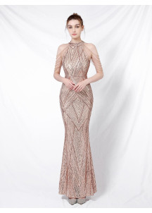 Champagne Mermaid Evening Gown with Geometric Pattern