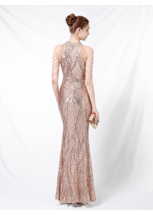 Champagne Mermaid Evening Gown with Geometric Pattern