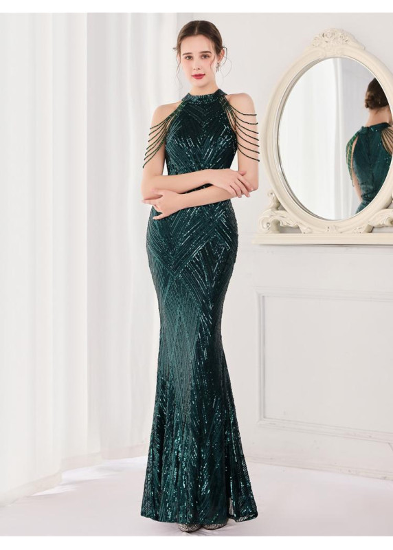 Champagne Mermaid Evening Gown with Geometric Pattern