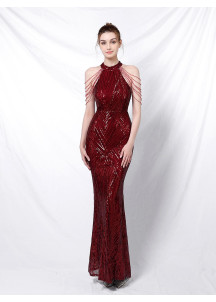 Champagne Mermaid Evening Gown with Geometric Pattern