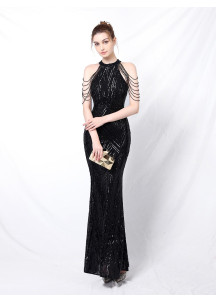 Champagne Mermaid Evening Gown with Geometric Pattern