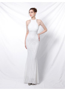 Champagne Mermaid Evening Gown with Geometric Pattern