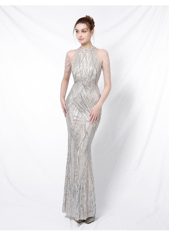 Champagne Mermaid Evening Gown with Geometric Pattern