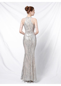 Champagne Mermaid Evening Gown with Geometric Pattern