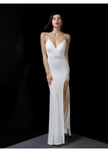 Champagne Sequin Evening Gown with Plunging Neckline and Side Slit