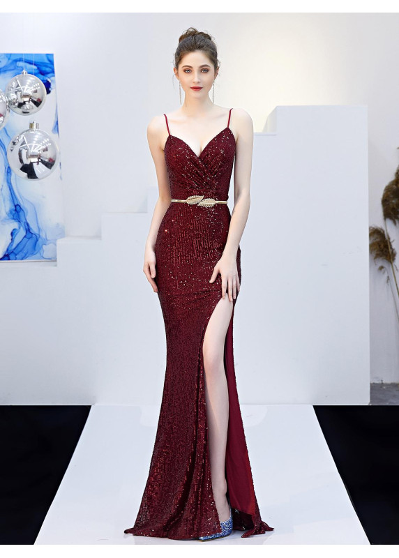 Champagne Sequin Evening Gown with Plunging Neckline and Side Slit