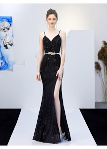 Champagne Sequin Evening Gown with Plunging Neckline and Side Slit