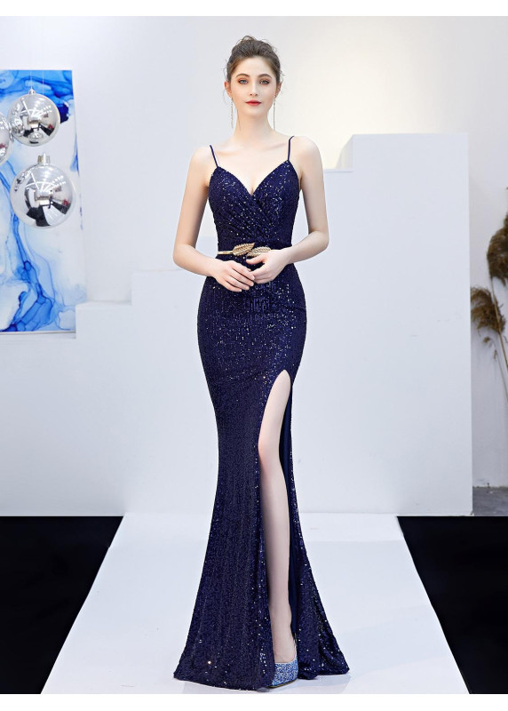 Champagne Sequin Evening Gown with Plunging Neckline and Side Slit