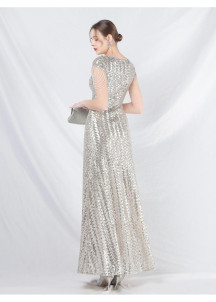 Champagne Ceremonial Gown with Elegant V-neckline and Fringed Sleeves