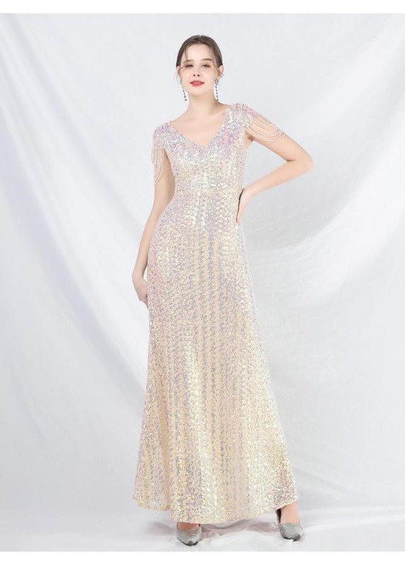 Champagne Ceremonial Gown with Elegant V-neckline and Fringed Sleeves