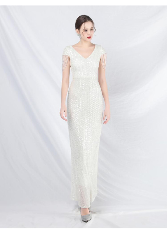 Champagne Ceremonial Gown with Elegant V-neckline and Fringed Sleeves