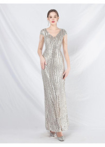 Champagne Ceremonial Gown with Elegant V-neckline and Fringed Sleeves