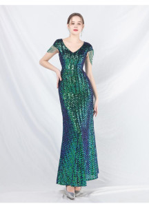 Champagne Ceremonial Gown with Elegant V-neckline and Fringed Sleeves