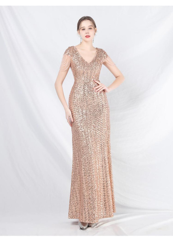 Champagne Ceremonial Gown with Elegant V-neckline and Fringed Sleeves