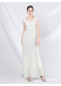 Champagne Ceremonial Gown with Elegant V-neckline and Fringed Sleeves