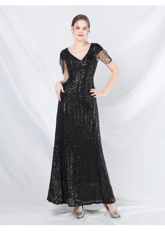 Champagne Ceremonial Gown with Elegant V-neckline and Fringed Sleeves